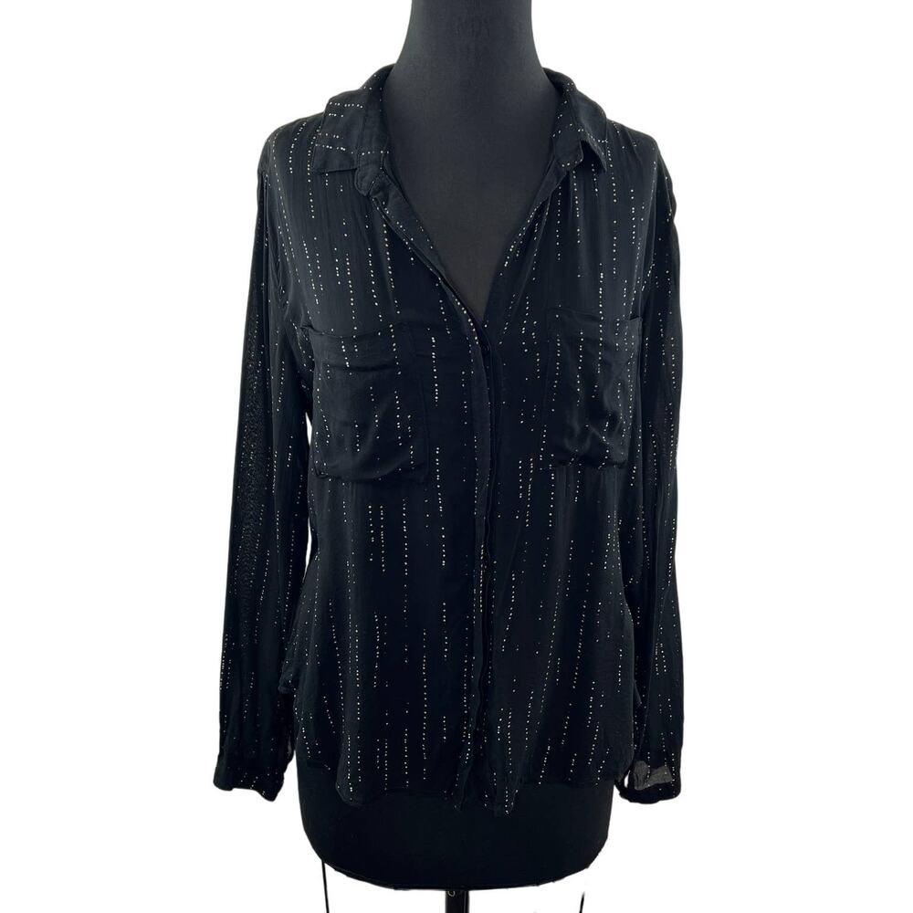 BELLA DAHL Black/White Top Polka Dot Button-Up Collar Front Pocket Long Sleeve M